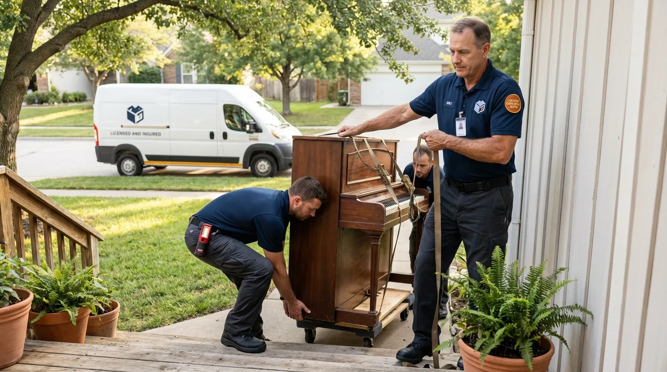 Licensed piano movers securing grand piano in Pflugerville, TX