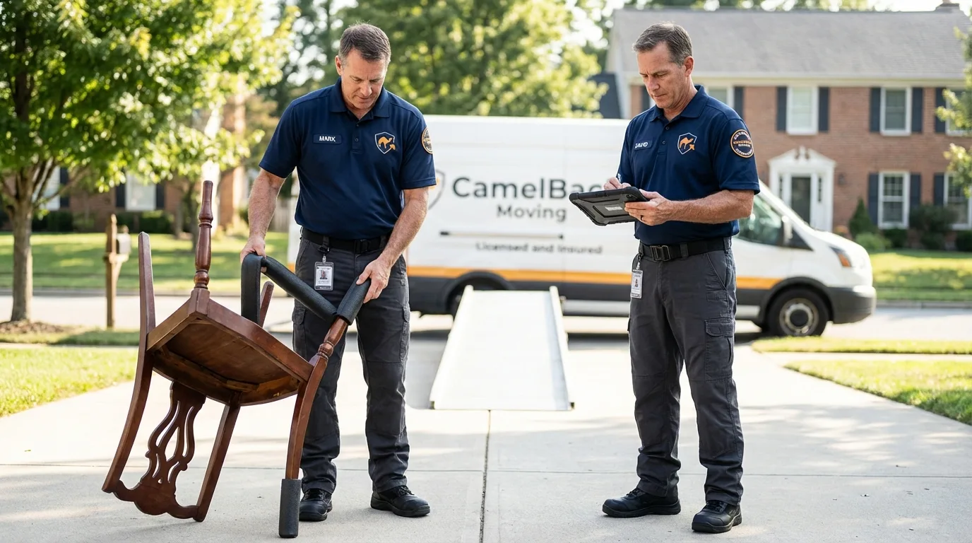 Movers inspecting furniture for damage prevention before loading in Pflugerville, TX