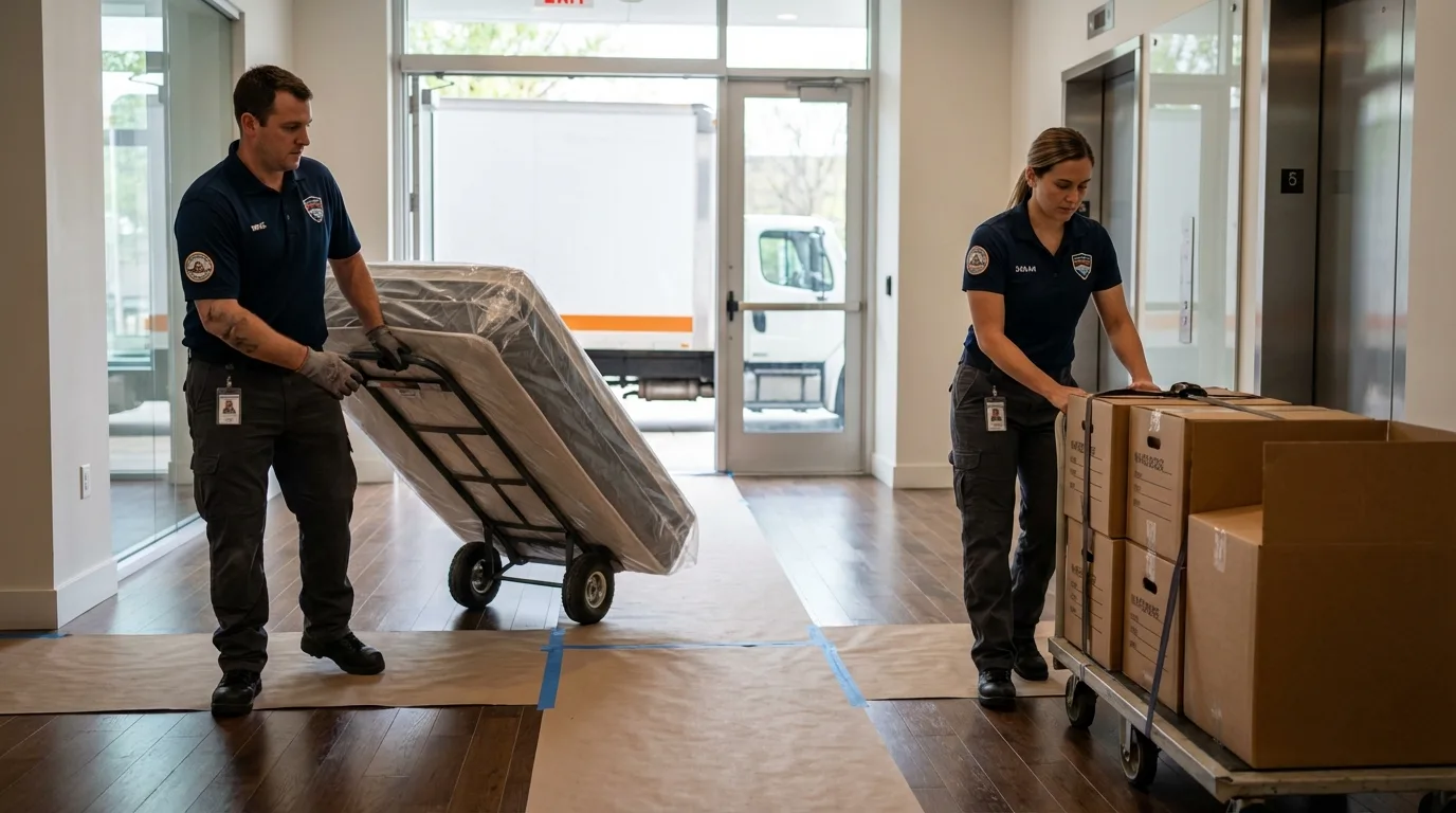 Professional apartment movers loading elevator in Pflugerville, TX
