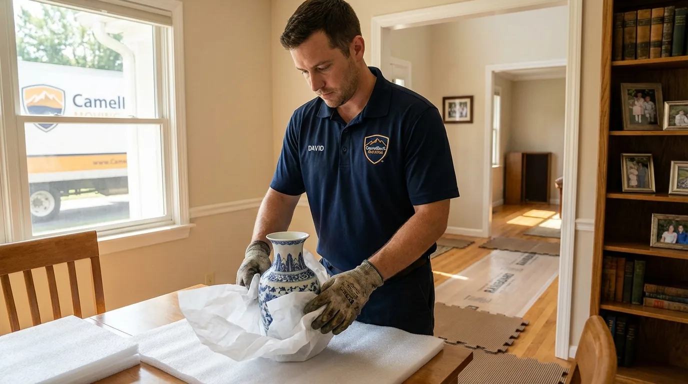 Professional crew carefully wrapping antique vase for senior downsizing move in Pflugerville, TX